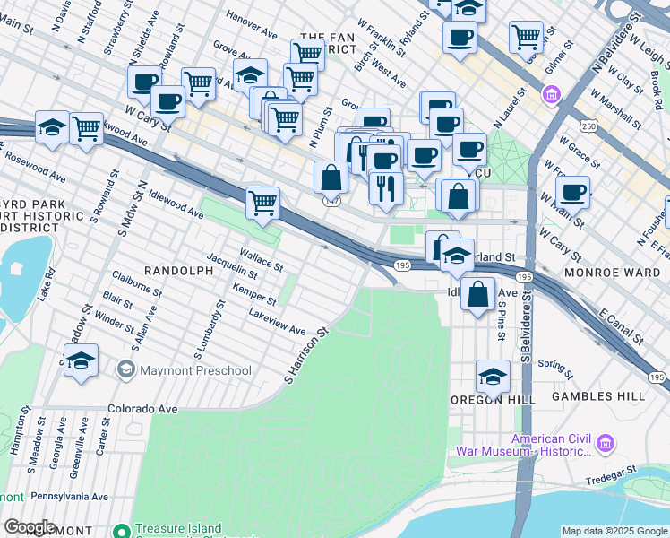 map of restaurants, bars, coffee shops, grocery stores, and more near 1216 Idlewood Avenue in Richmond
