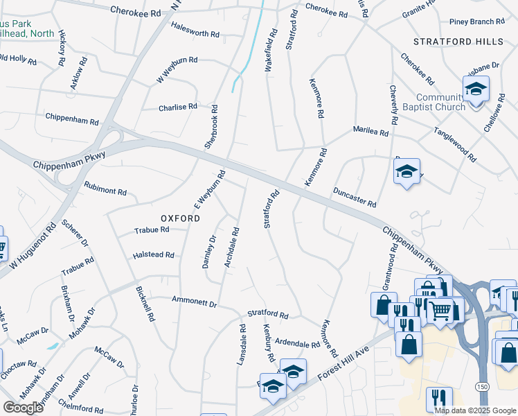 map of restaurants, bars, coffee shops, grocery stores, and more near 3224 Stratford Road in Richmond