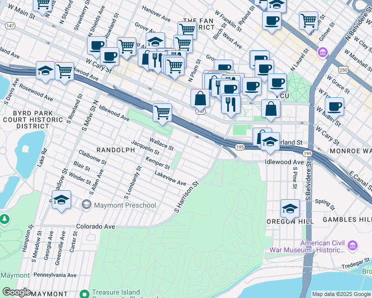 map of restaurants, bars, coffee shops, grocery stores, and more near 1329 Idlewood Avenue in Richmond