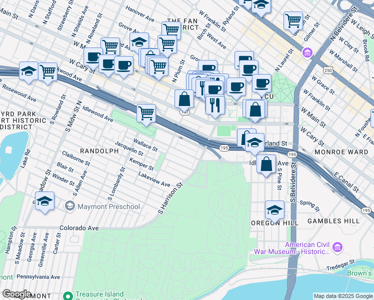 map of restaurants, bars, coffee shops, grocery stores, and more near 1216 Idlewood Avenue in Richmond