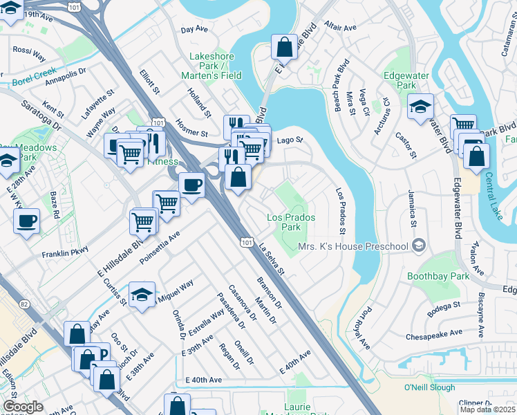 map of restaurants, bars, coffee shops, grocery stores, and more near 3131 La Selva Street in San Mateo