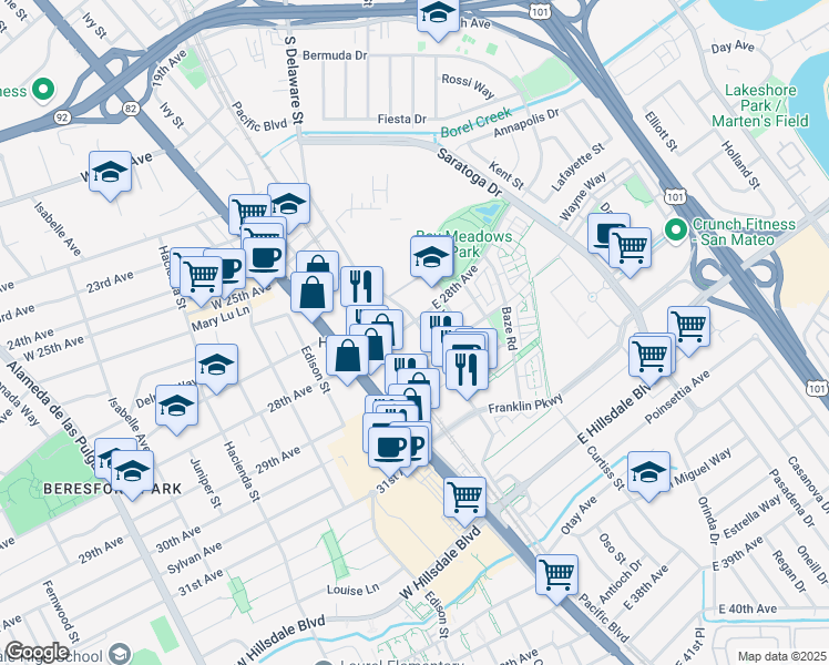 map of restaurants, bars, coffee shops, grocery stores, and more near 2777 S El Camino Real in San Mateo
