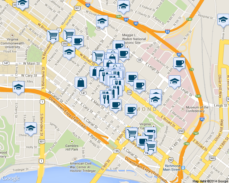 map of restaurants, bars, coffee shops, grocery stores, and more near in Richmond