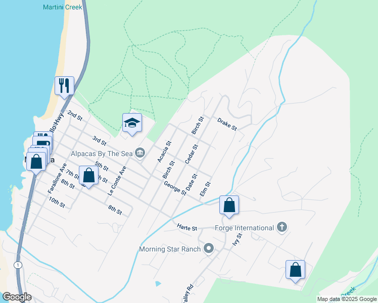 map of restaurants, bars, coffee shops, grocery stores, and more near 801 Franklin Street in Montara