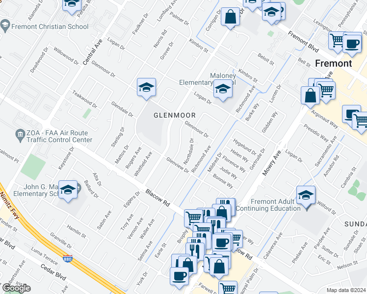 map of restaurants, bars, coffee shops, grocery stores, and more near in Fremont