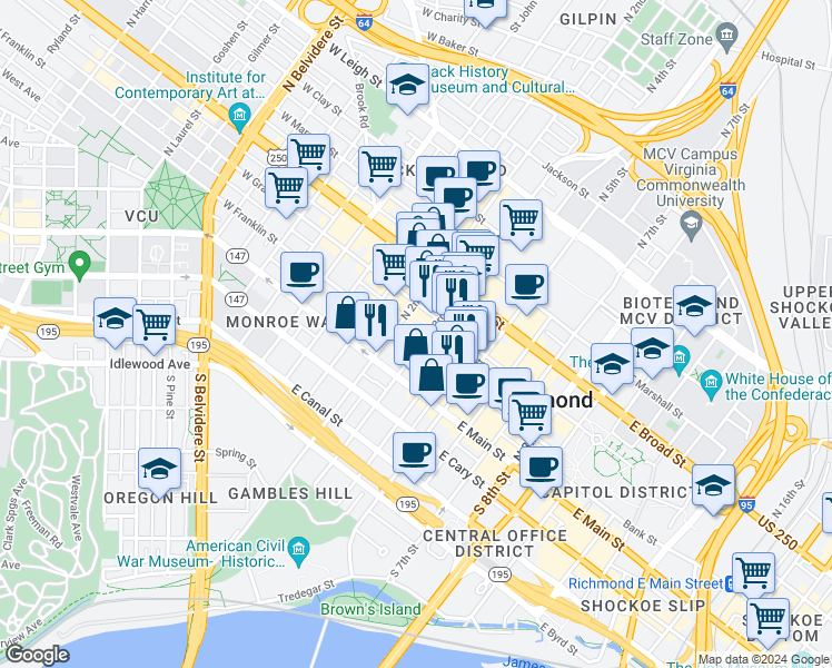 map of restaurants, bars, coffee shops, grocery stores, and more near 212 East Franklin Street in Richmond