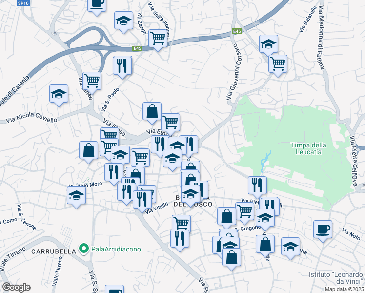map of restaurants, bars, coffee shops, grocery stores, and more near 28 Via Nino Bixio in Catania