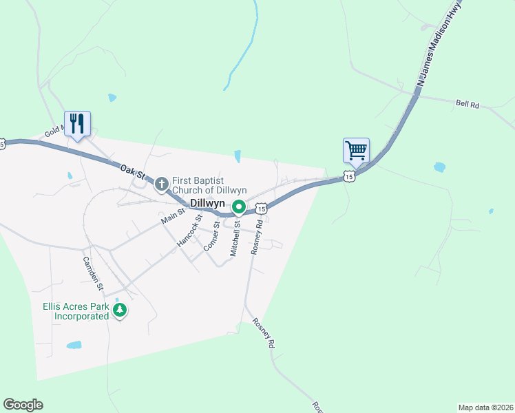 map of restaurants, bars, coffee shops, grocery stores, and more near 1140 Main Street in Dillwyn