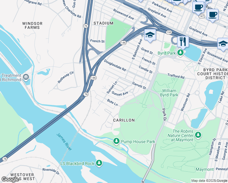 map of restaurants, bars, coffee shops, grocery stores, and more near 3114 Sunset Avenue in Richmond