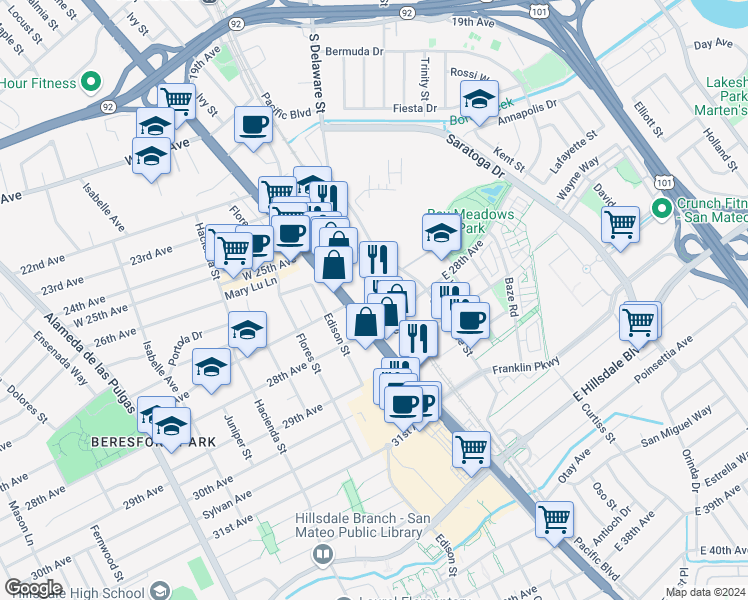 map of restaurants, bars, coffee shops, grocery stores, and more near 2745 South El Camino Real in San Mateo