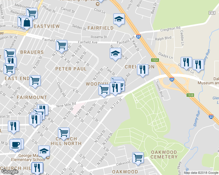 map of restaurants, bars, coffee shops, grocery stores, and more near 1813 North 29th Street in Richmond