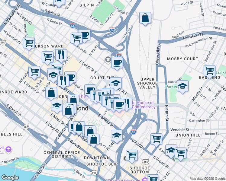 map of restaurants, bars, coffee shops, grocery stores, and more near 601 North 10th Street in Richmond