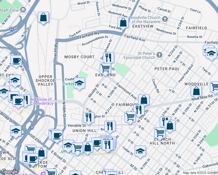 map of restaurants, bars, coffee shops, grocery stores, and more near in Richmond