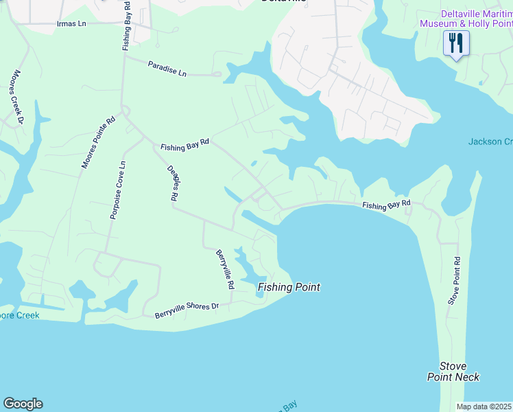 map of restaurants, bars, coffee shops, grocery stores, and more near 1028 Fishing Bay Road in Deltaville