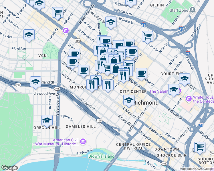 map of restaurants, bars, coffee shops, grocery stores, and more near 91 North 2nd Street in Richmond
