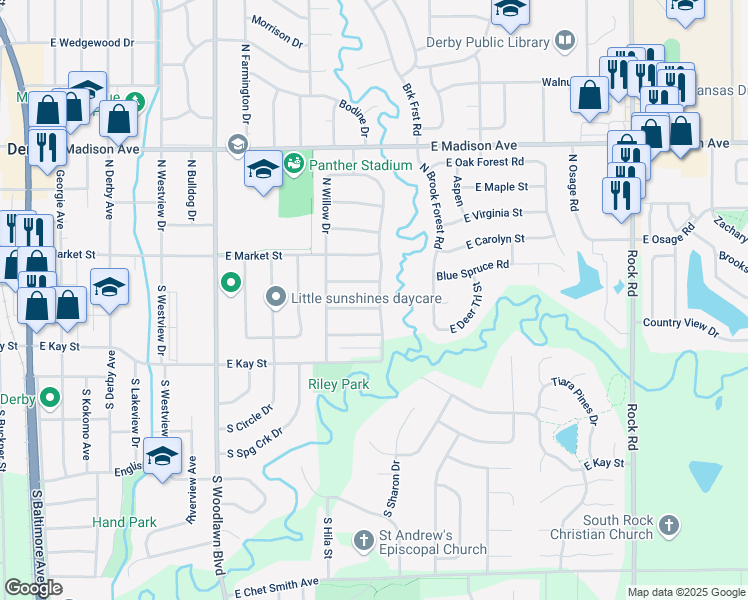 map of restaurants, bars, coffee shops, grocery stores, and more near 1106 East Chestnut Road in Derby