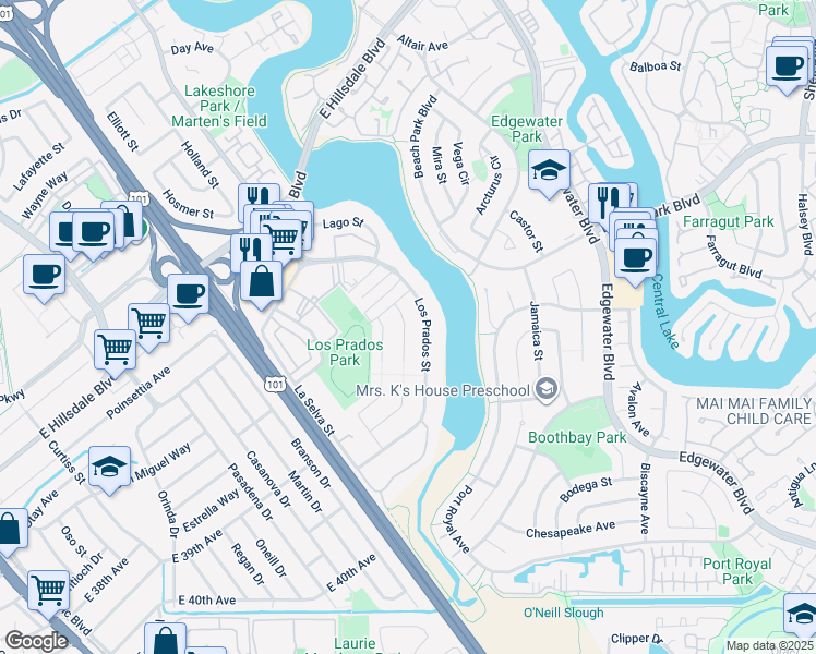 map of restaurants, bars, coffee shops, grocery stores, and more near 3221 Llano Street in San Mateo