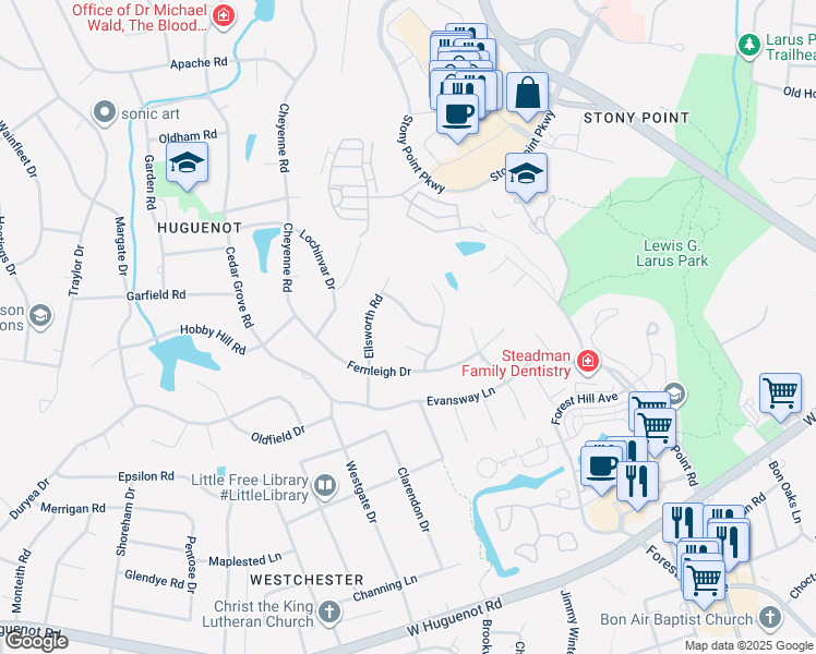 map of restaurants, bars, coffee shops, grocery stores, and more near 9619 Greenleaf Lane in Richmond