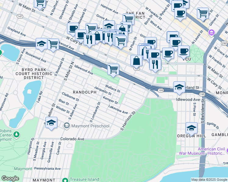 map of restaurants, bars, coffee shops, grocery stores, and more near 1501 Wallace Street in Richmond