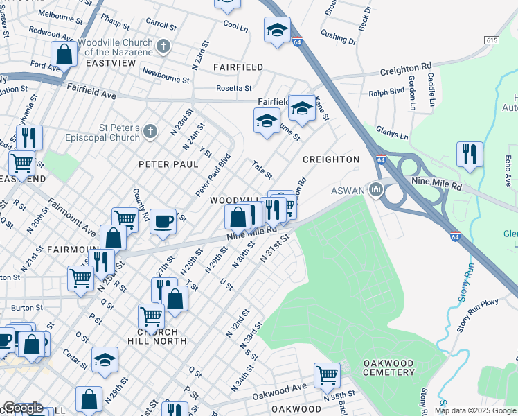 map of restaurants, bars, coffee shops, grocery stores, and more near 1813 North 29th Street in Richmond