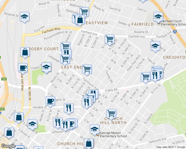 map of restaurants, bars, coffee shops, grocery stores, and more near 1401 North 22nd Street in Richmond