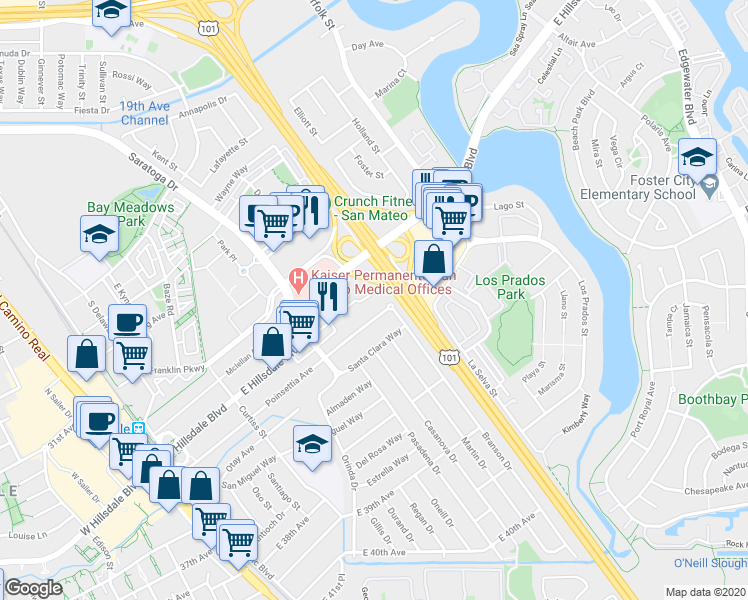 map of restaurants, bars, coffee shops, grocery stores, and more near 532 East Hillsdale Court in San Mateo