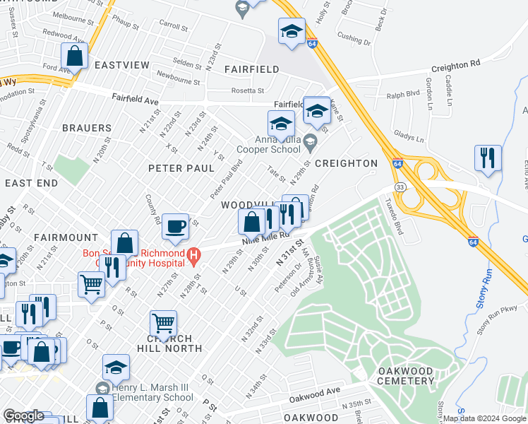 map of restaurants, bars, coffee shops, grocery stores, and more near 1741 North 28th Street in Richmond
