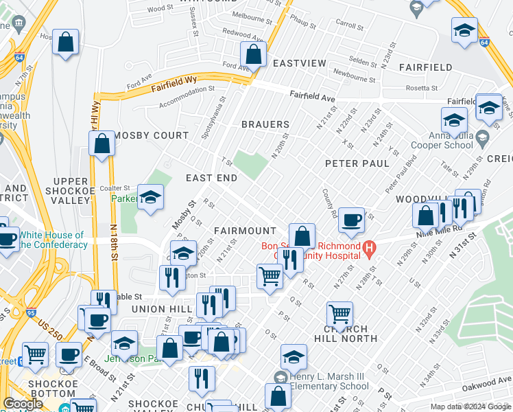 map of restaurants, bars, coffee shops, grocery stores, and more near 1322 North 21st Street in Richmond