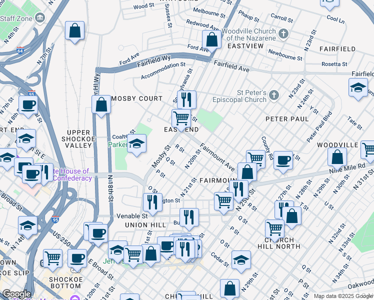 map of restaurants, bars, coffee shops, grocery stores, and more near in Richmond