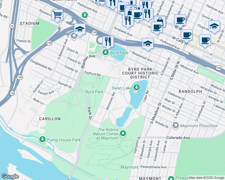 map of restaurants, bars, coffee shops, grocery stores, and more near 704 Westover Road in Richmond