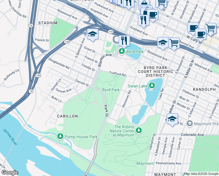 map of restaurants, bars, coffee shops, grocery stores, and more near 2601 Trafford Road in Richmond