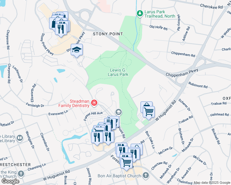 map of restaurants, bars, coffee shops, grocery stores, and more near 3207 Stony Point Road in Richmond