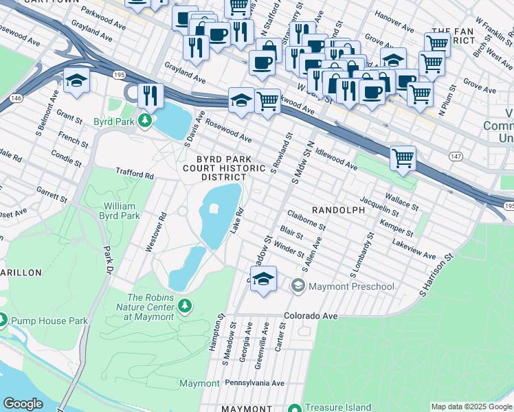 map of restaurants, bars, coffee shops, grocery stores, and more near 2027 Gilbert Street in Richmond