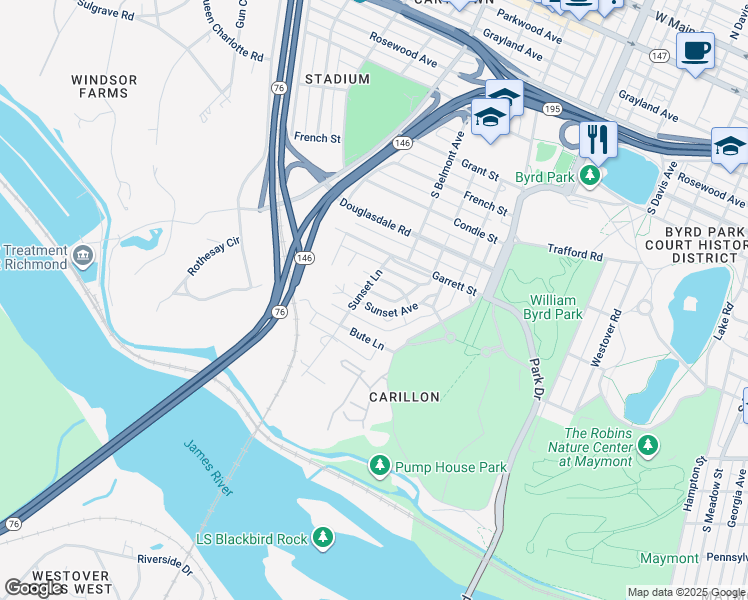 map of restaurants, bars, coffee shops, grocery stores, and more near 3114 Sunset Avenue in Richmond