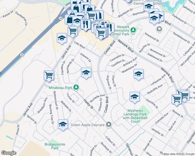 map of restaurants, bars, coffee shops, grocery stores, and more near 6449 Cedar Boulevard in Newark