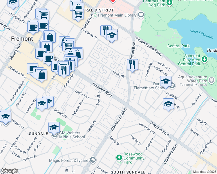 map of restaurants, bars, coffee shops, grocery stores, and more near 39800 Fremont Boulevard in Fremont