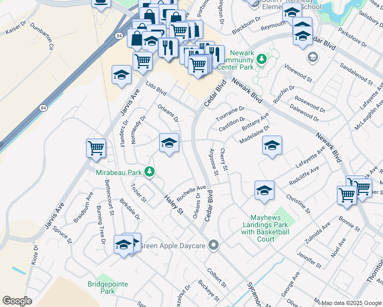 map of restaurants, bars, coffee shops, grocery stores, and more near 6449 Cedar Boulevard in Newark