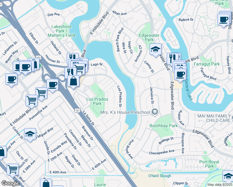 map of restaurants, bars, coffee shops, grocery stores, and more near 3221 Llano Street in San Mateo