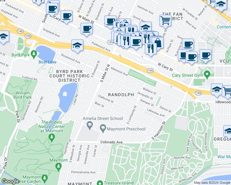 map of restaurants, bars, coffee shops, grocery stores, and more near 1802 Lakeview Avenue in Richmond