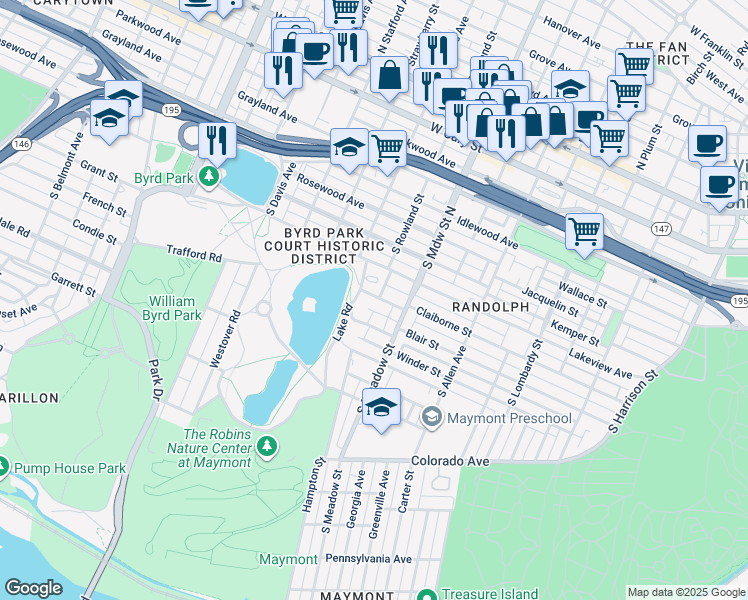 map of restaurants, bars, coffee shops, grocery stores, and more near 2027 Gilbert Street in Richmond