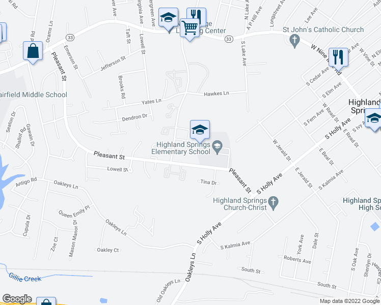 map of restaurants, bars, coffee shops, grocery stores, and more near 464 Woodpost Drive in Henrico