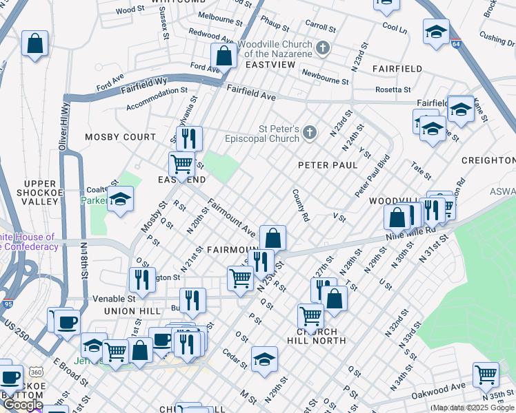 map of restaurants, bars, coffee shops, grocery stores, and more near 1401 North 22nd Street in Richmond