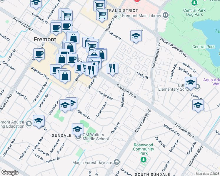 map of restaurants, bars, coffee shops, grocery stores, and more near 4052 Twin Peaks Terrace in Fremont
