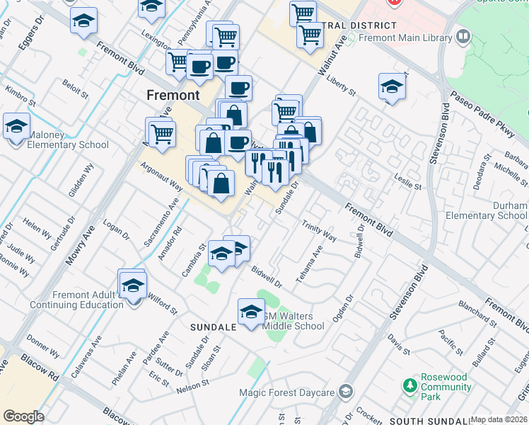 map of restaurants, bars, coffee shops, grocery stores, and more near 39575 Ross Common in Fremont