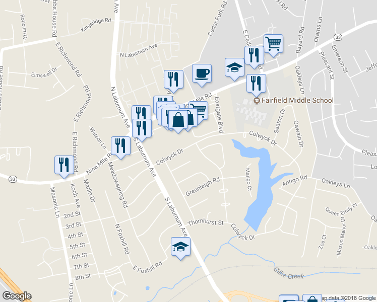 map of restaurants, bars, coffee shops, grocery stores, and more near 4915 Colwyck Drive in Richmond