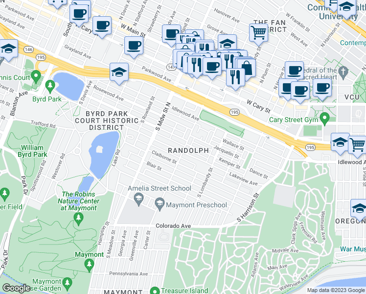 map of restaurants, bars, coffee shops, grocery stores, and more near 624 South Allen Avenue in Richmond