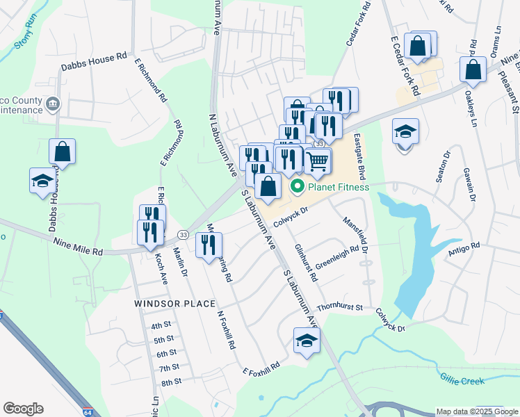 map of restaurants, bars, coffee shops, grocery stores, and more near 61 South Laburnum Avenue in Richmond