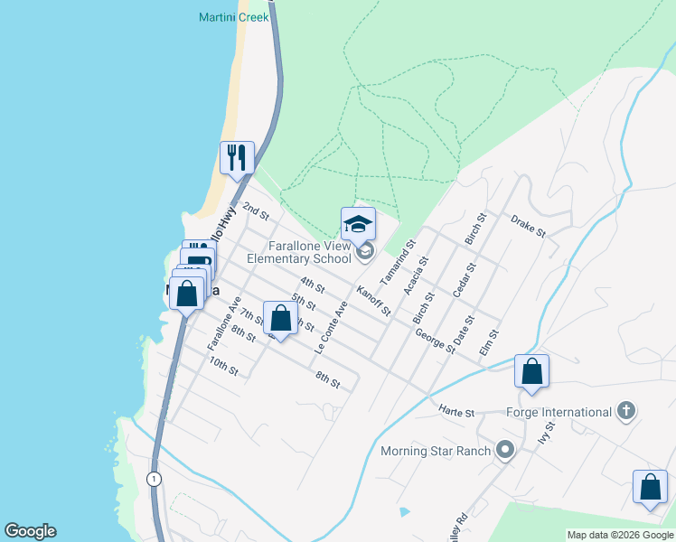 map of restaurants, bars, coffee shops, grocery stores, and more near 447 3rd Street in Montara