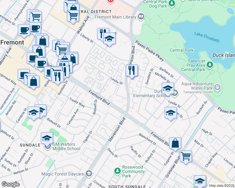 map of restaurants, bars, coffee shops, grocery stores, and more near 3695 Stevenson Boulevard in Fremont