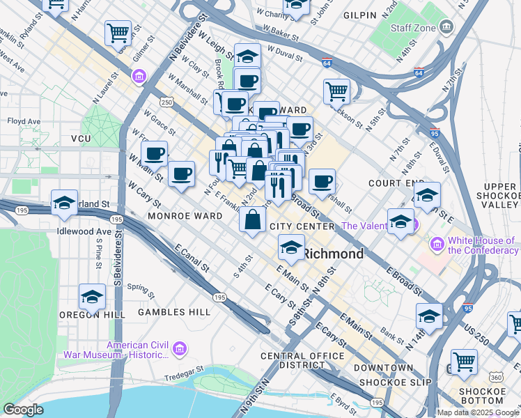map of restaurants, bars, coffee shops, grocery stores, and more near 210 East Grace Street in Richmond